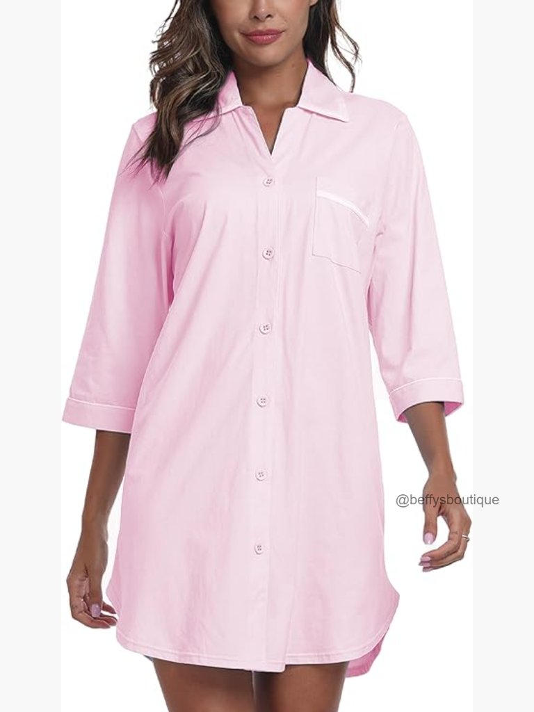 100% Cotton Nightgown Women 3/4 Sleeve Button Down Nightshirt Soft V-Neck Knee